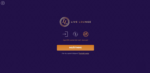 Startskärm för Live Lounge Casino.