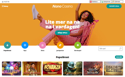 Startsida för Nano Casino.
